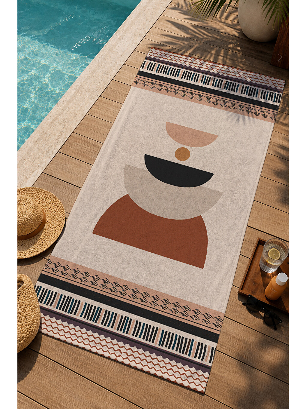 Bej Terracotta Bohem Geometrik Desenli 70x150 Cm Dijital Baskılı Plaj Ve Banyo Havlusu-2