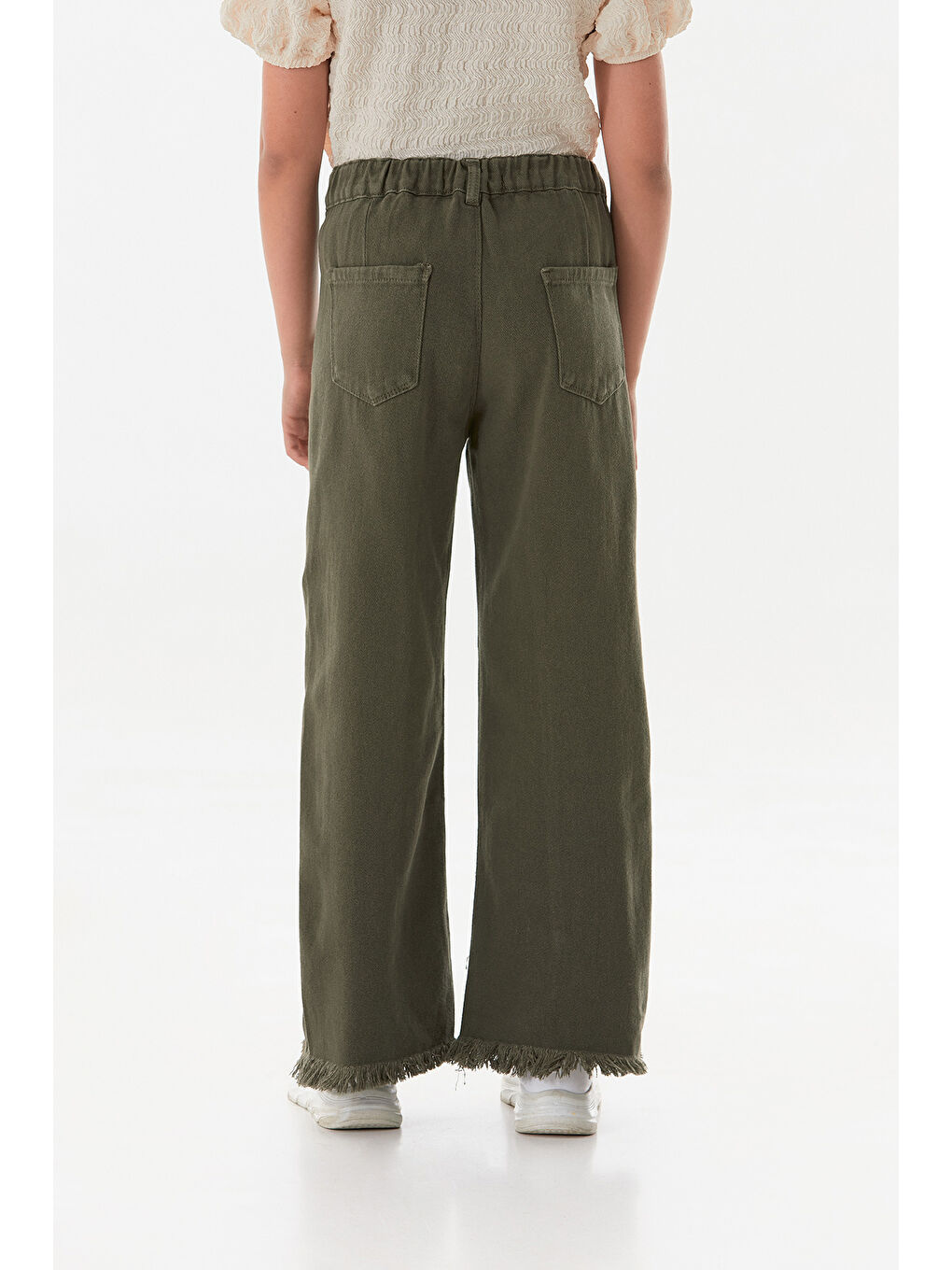 Haki Beli Lastikli Paçası Püsküllü Yırtık Detaylı Kız Çocuk Pantolon-2