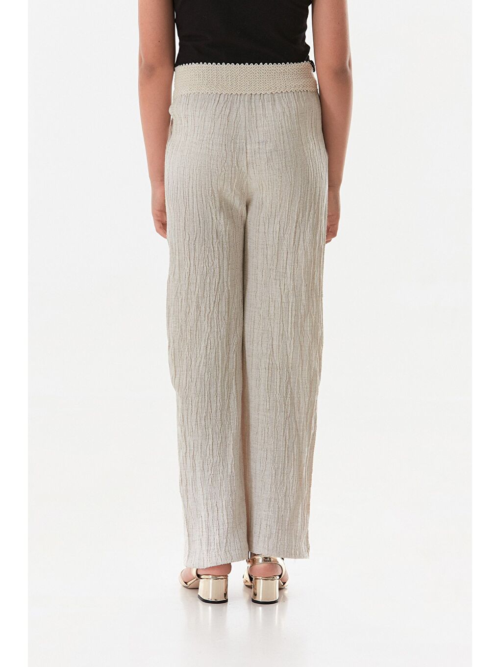 Bej Beli Bağlamalı Krep Kumaş Kız Çocuk Pantolon-3