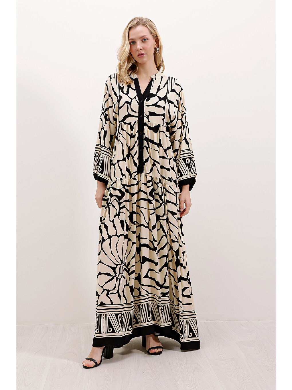 2423 Otantik Desenli Tesettür Elbise - C.Siyah-2