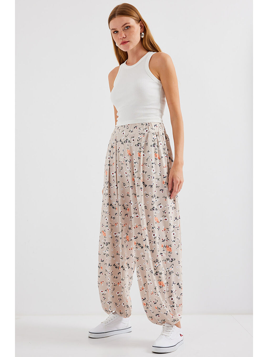 Ekru 6665 Desenli Şalvar Pantolon - Krem