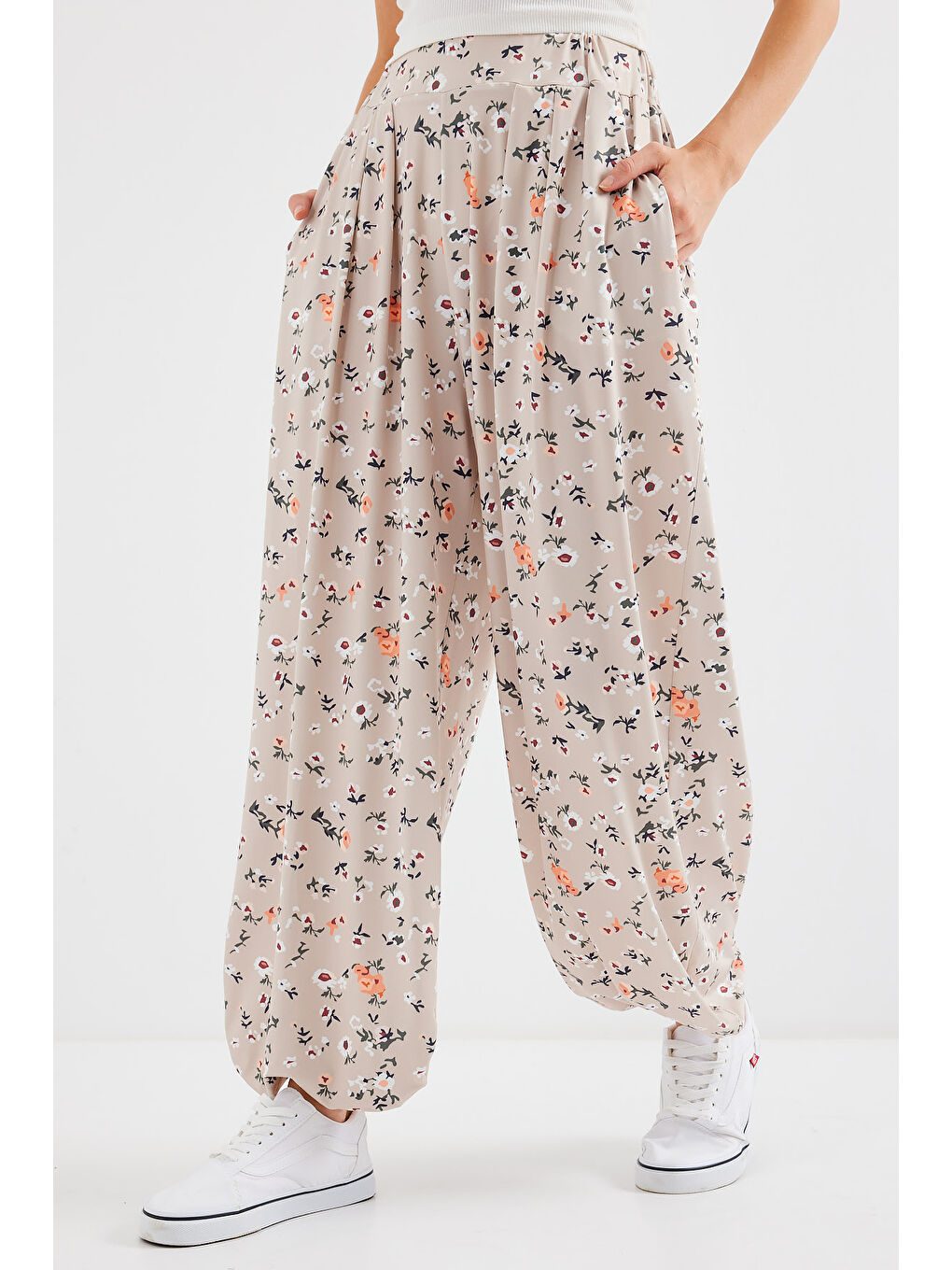 Ekru 6665 Desenli Şalvar Pantolon - Krem-2