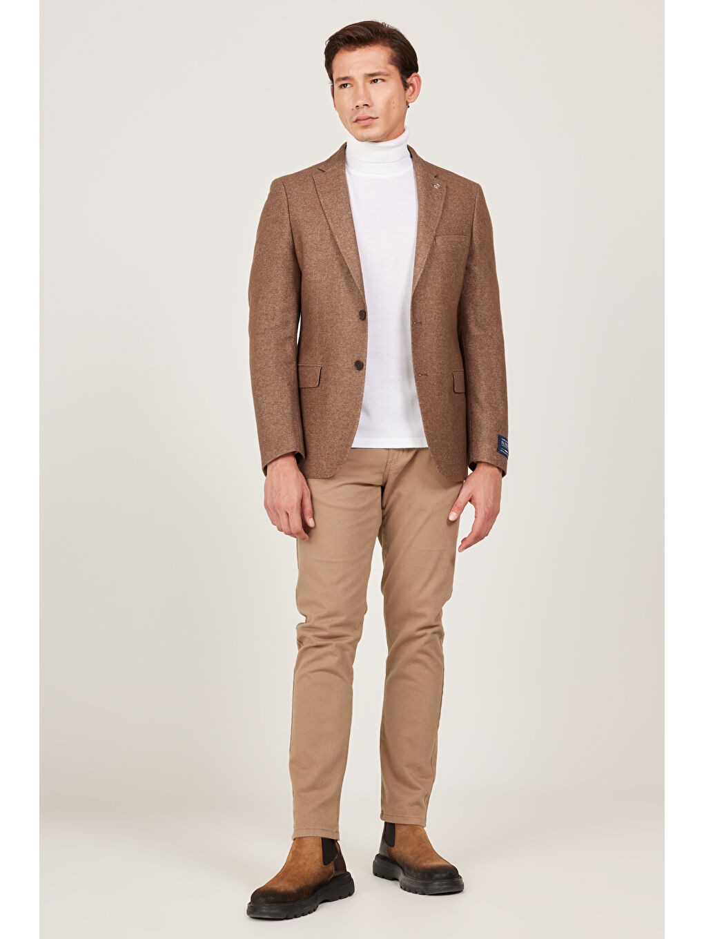 Erkek Kahverengi Slim Fit Dar Kesim Mono Yaka Yünlü Ceket-1