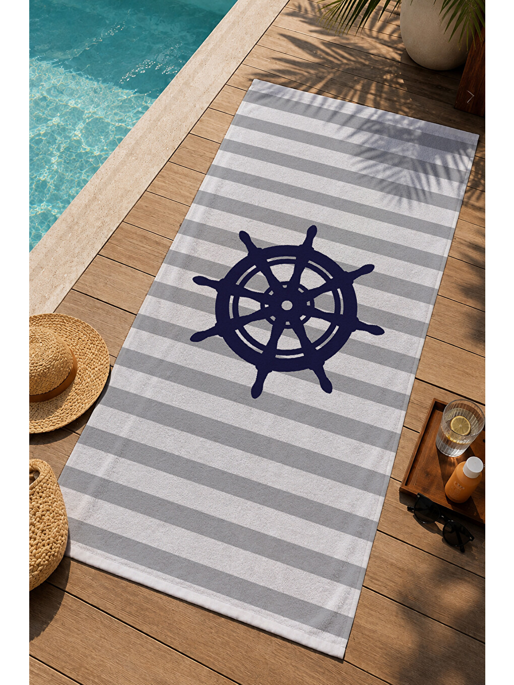 Milbay Grup Gri Beyaz Çizgili Dümen Desenli 70x150 Cm Dijital Plaj Ve Banyo Havlusu-37276-2