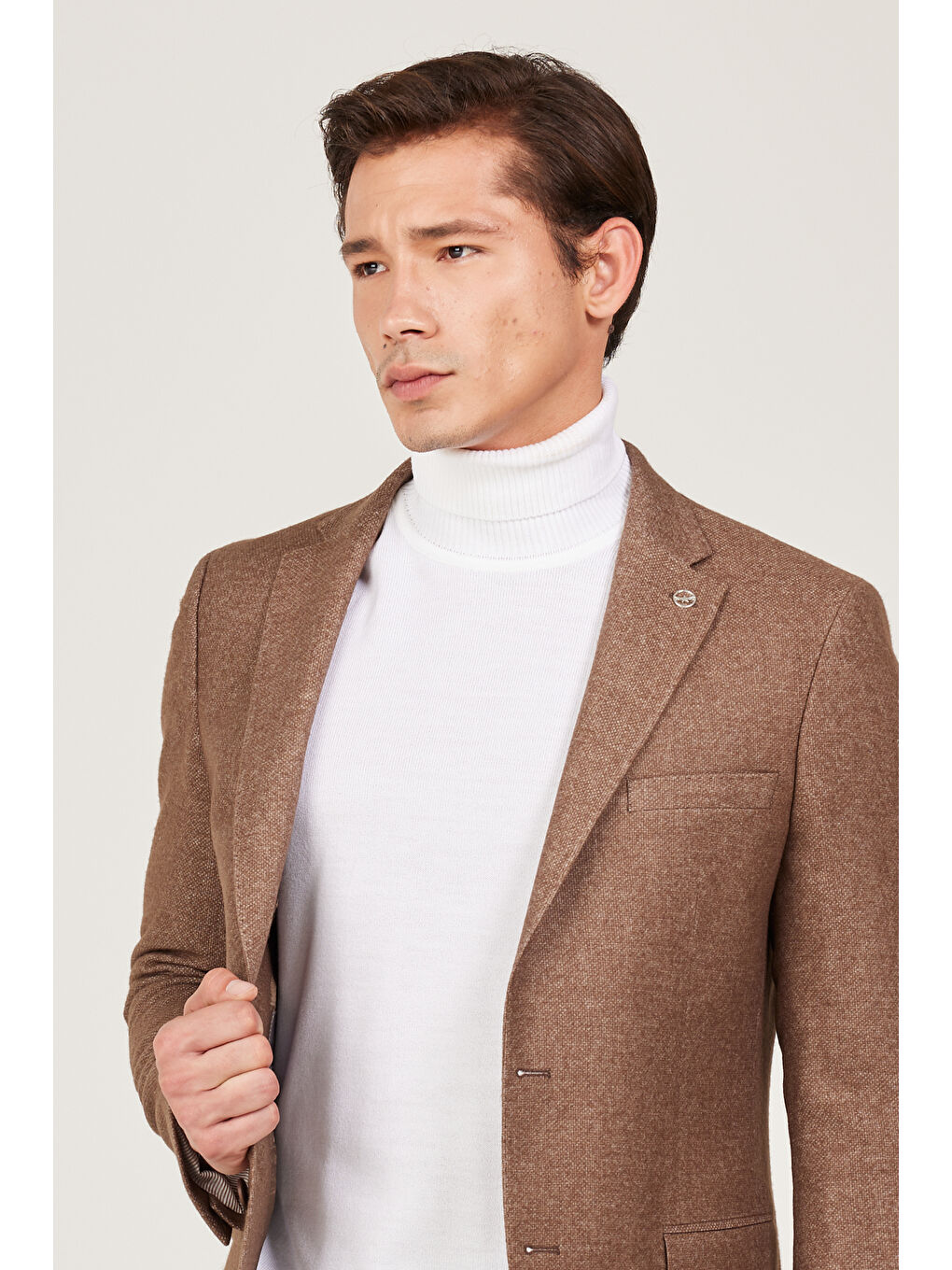 Erkek Kahverengi Slim Fit Dar Kesim Mono Yaka Yünlü Ceket-2