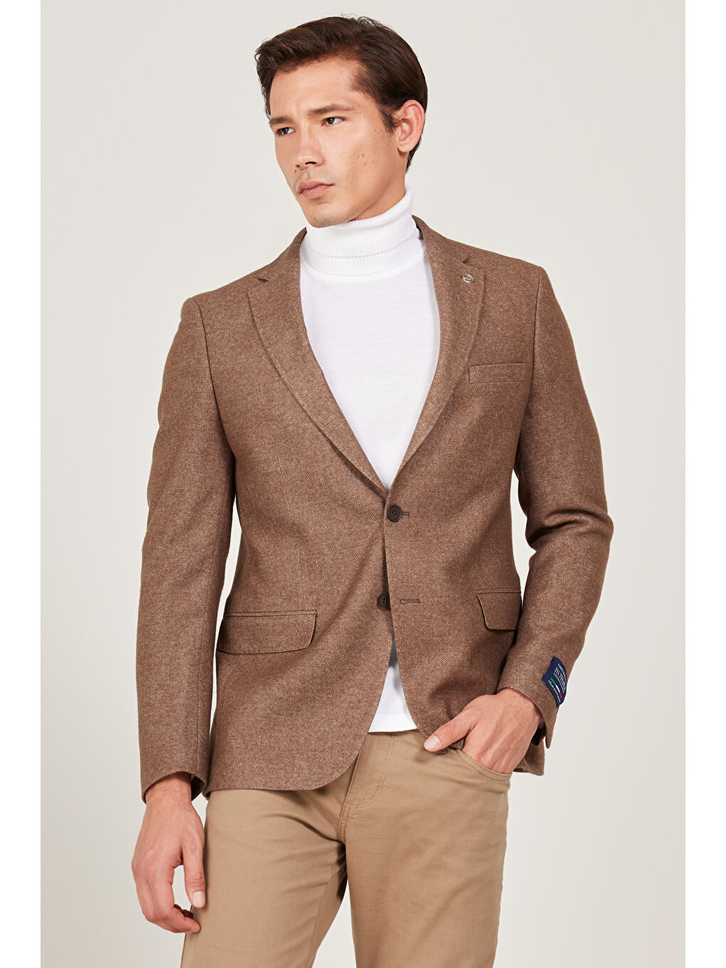 Erkek Kahverengi Slim Fit Dar Kesim Mono Yaka Yünlü Ceket-3
