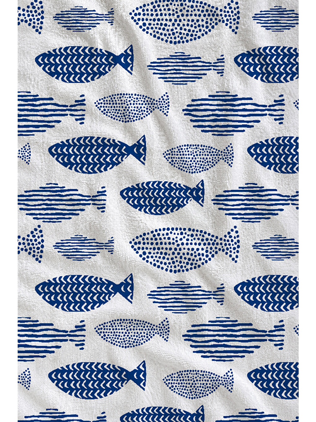 Beyaz Mavi Balık Desenli Bordürlü 70x150 Cm Dijital Baskılı Plaj Ve Banyo Havlusu-1