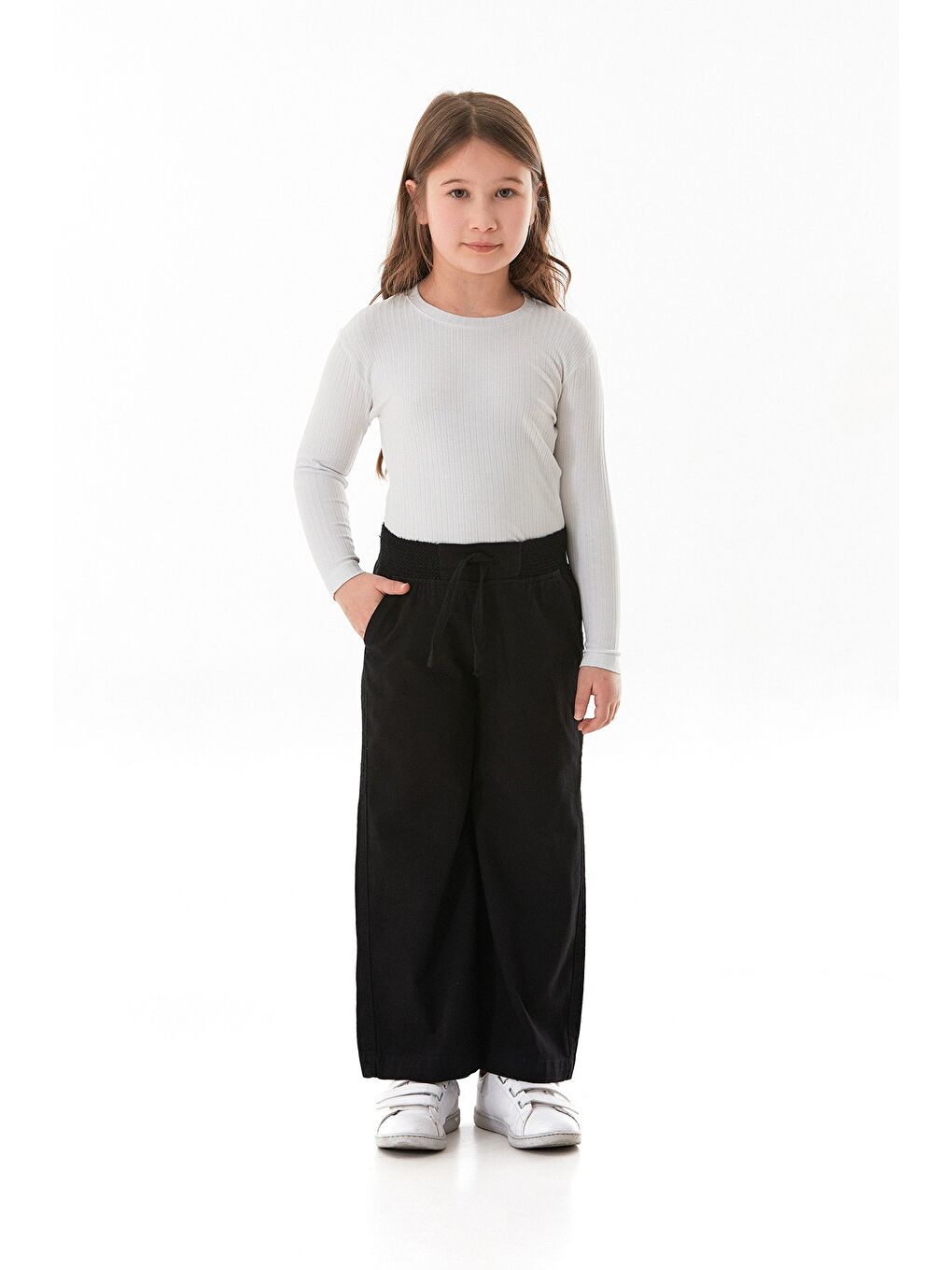 Siyah Beli Lastikli Cepli Kız Çocuk Keten Pantolon-1