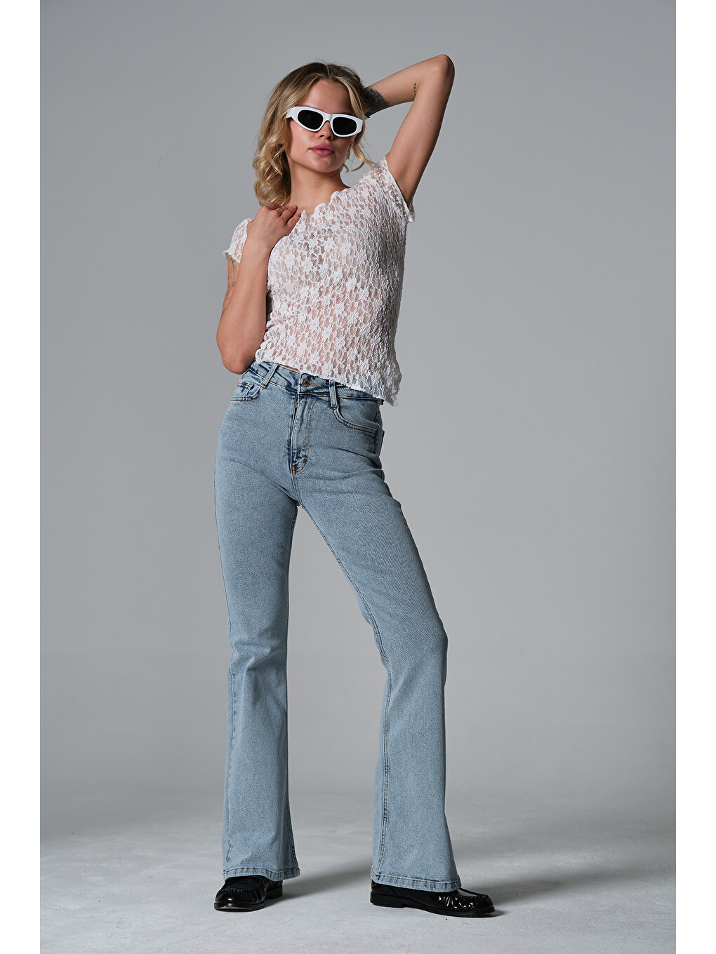 Beyaz Normal bel kot, ispanyol paça esnek denim kumaş kadın fit and Flare jean pantolon @Morales