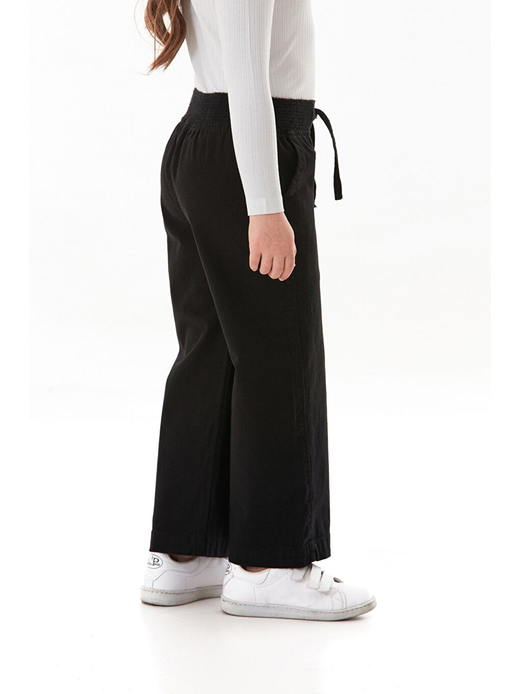 Siyah Beli Lastikli Cepli Kız Çocuk Keten Pantolon-3