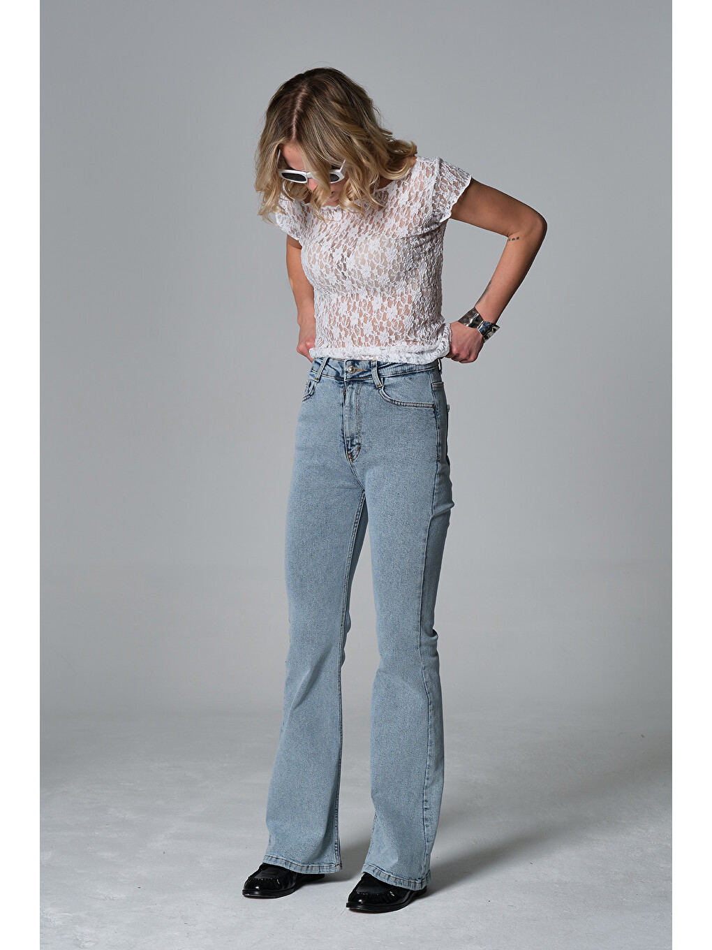 Beyaz Normal bel kot, ispanyol paça esnek denim kumaş kadın fit and Flare jean pantolon @Morales-1