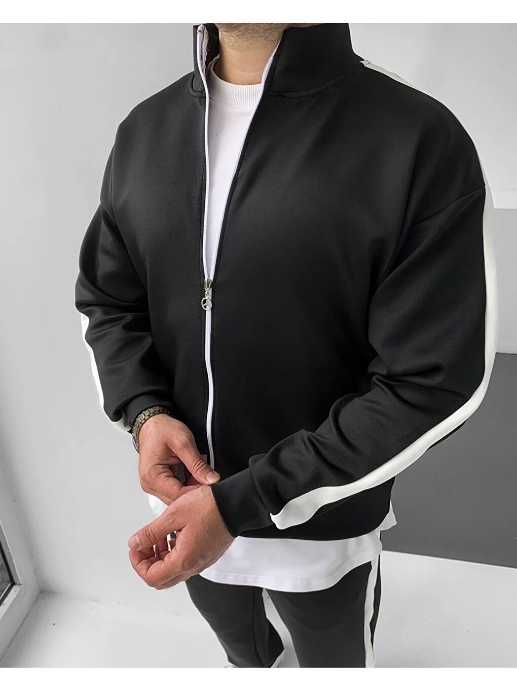 Erkek Çizgili Fermuarlı Sweatshirt Bol Eşofman Siyah İkili Takım-1