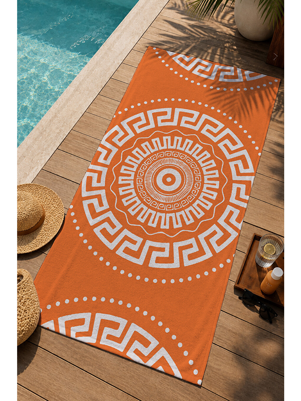 Turuncu Beyaz Yunan Anahtarı Mandala Desenli 70x150 Cm Dijital Baskılı Plaj Ve Banyo Havlusu-2