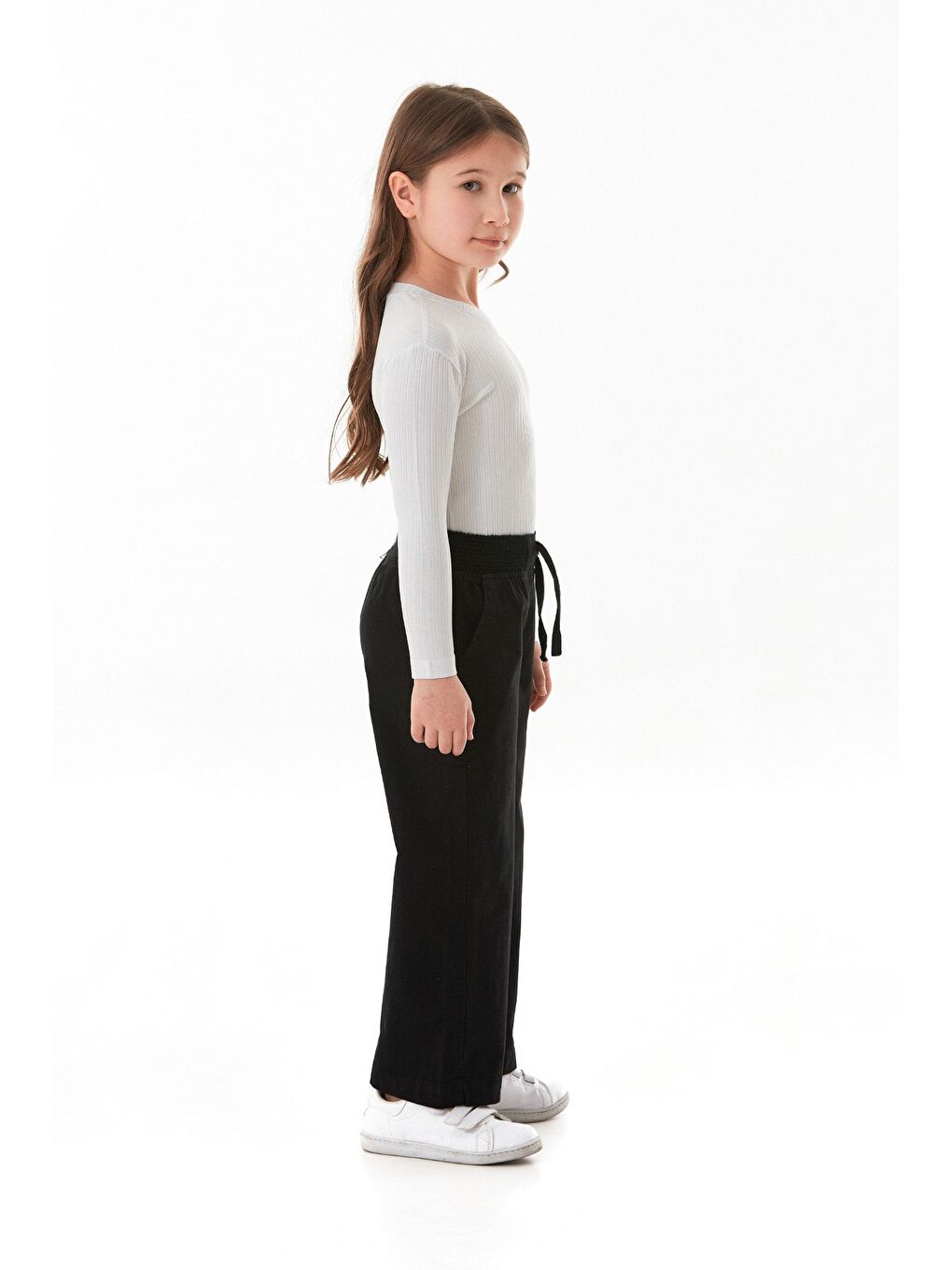 Siyah Beli Lastikli Cepli Kız Çocuk Keten Pantolon-4