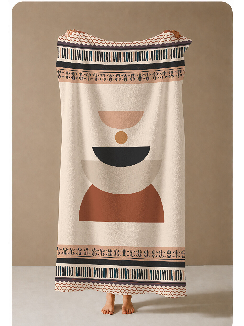 Bej Terracotta Bohem Geometrik Desenli 70x150 Cm Dijital Baskılı Plaj Ve Banyo Havlusu-3