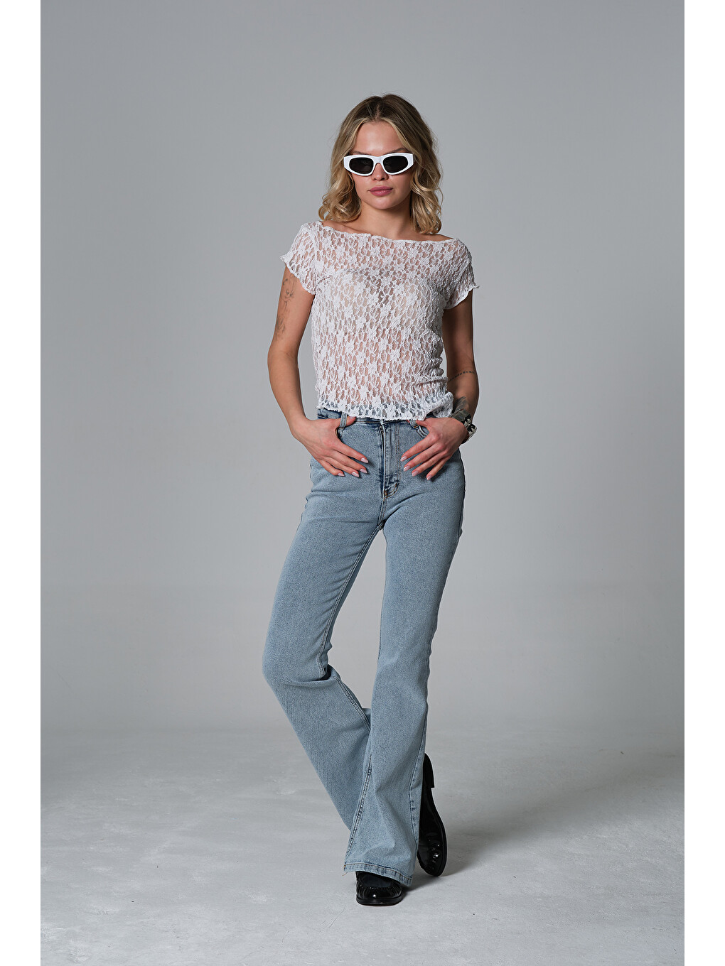 Beyaz Normal bel kot, ispanyol paça esnek denim kumaş kadın fit and Flare jean pantolon @Morales-3