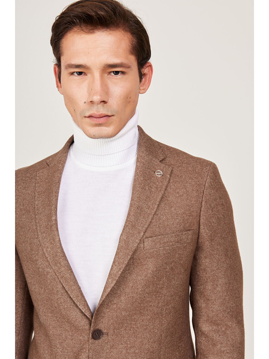 Erkek Kahverengi Slim Fit Dar Kesim Mono Yaka Yünlü Ceket-5