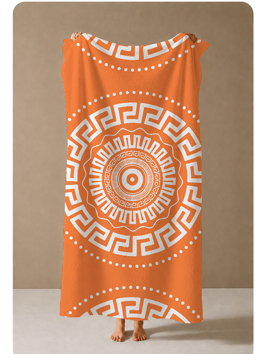 Turuncu Beyaz Yunan Anahtarı Mandala Desenli 70x150 Cm Dijital Baskılı Plaj Ve Banyo Havlusu-3