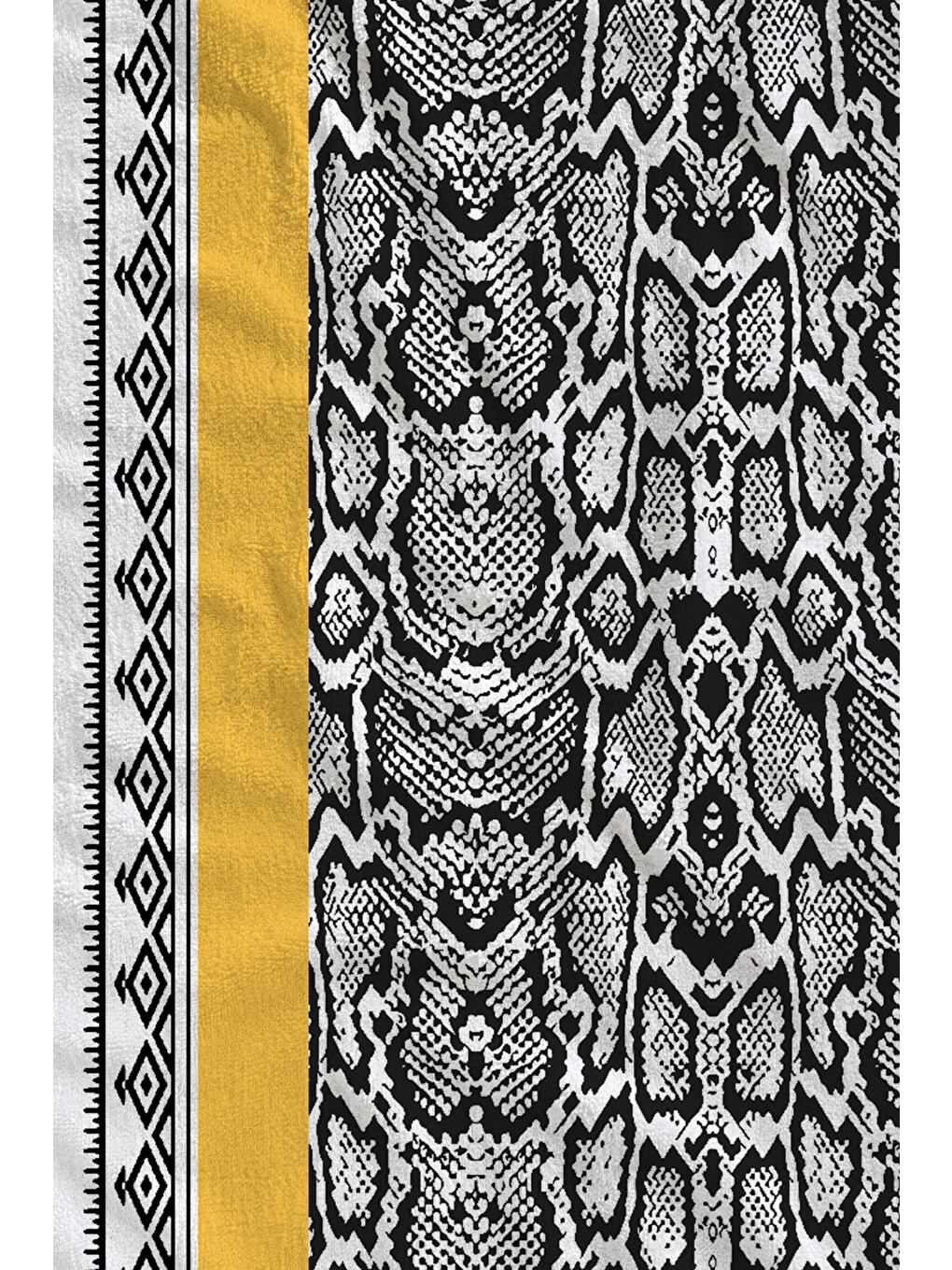 Sarı Şeritli Siyah Beyaz Etnik Desenli 70x150 Cm Dijital Baskılı Plaj Ve Banyo Havlusu-1