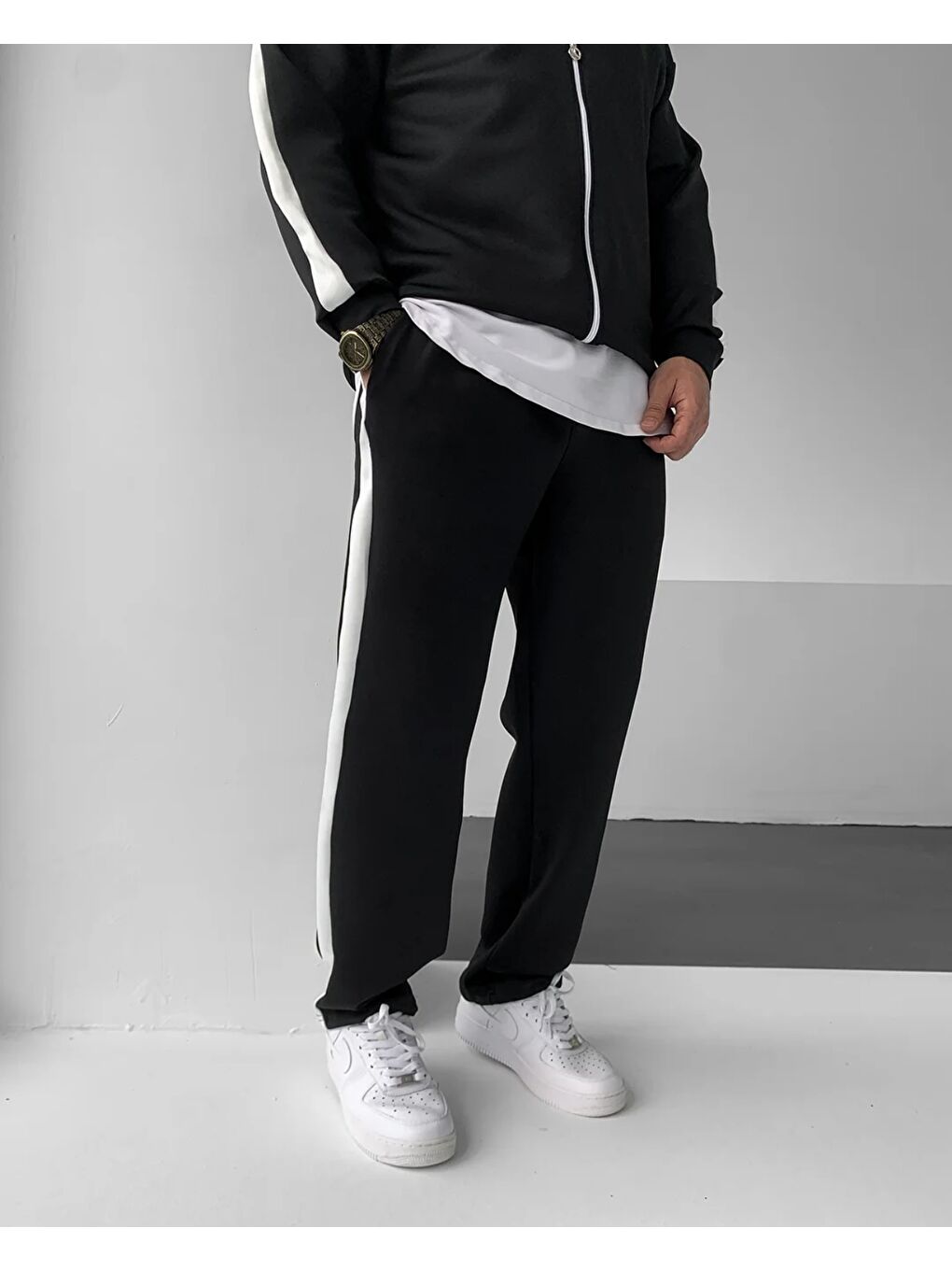 Erkek Çizgili Fermuarlı Sweatshirt Bol Eşofman Siyah İkili Takım-3