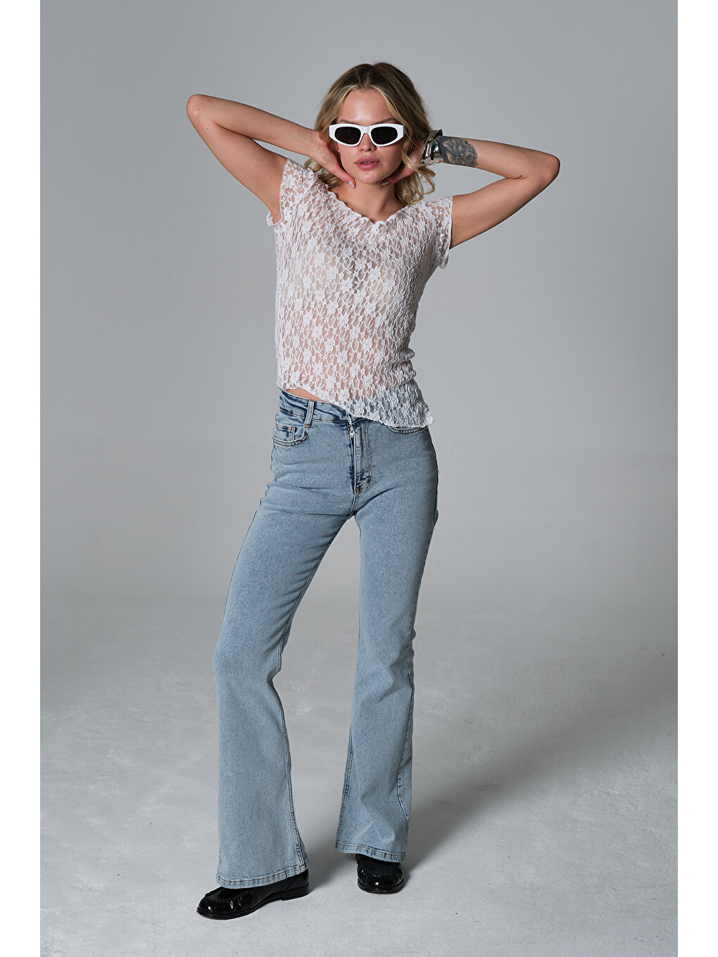 Beyaz Normal bel kot, ispanyol paça esnek denim kumaş kadın fit and Flare jean pantolon @Morales-6