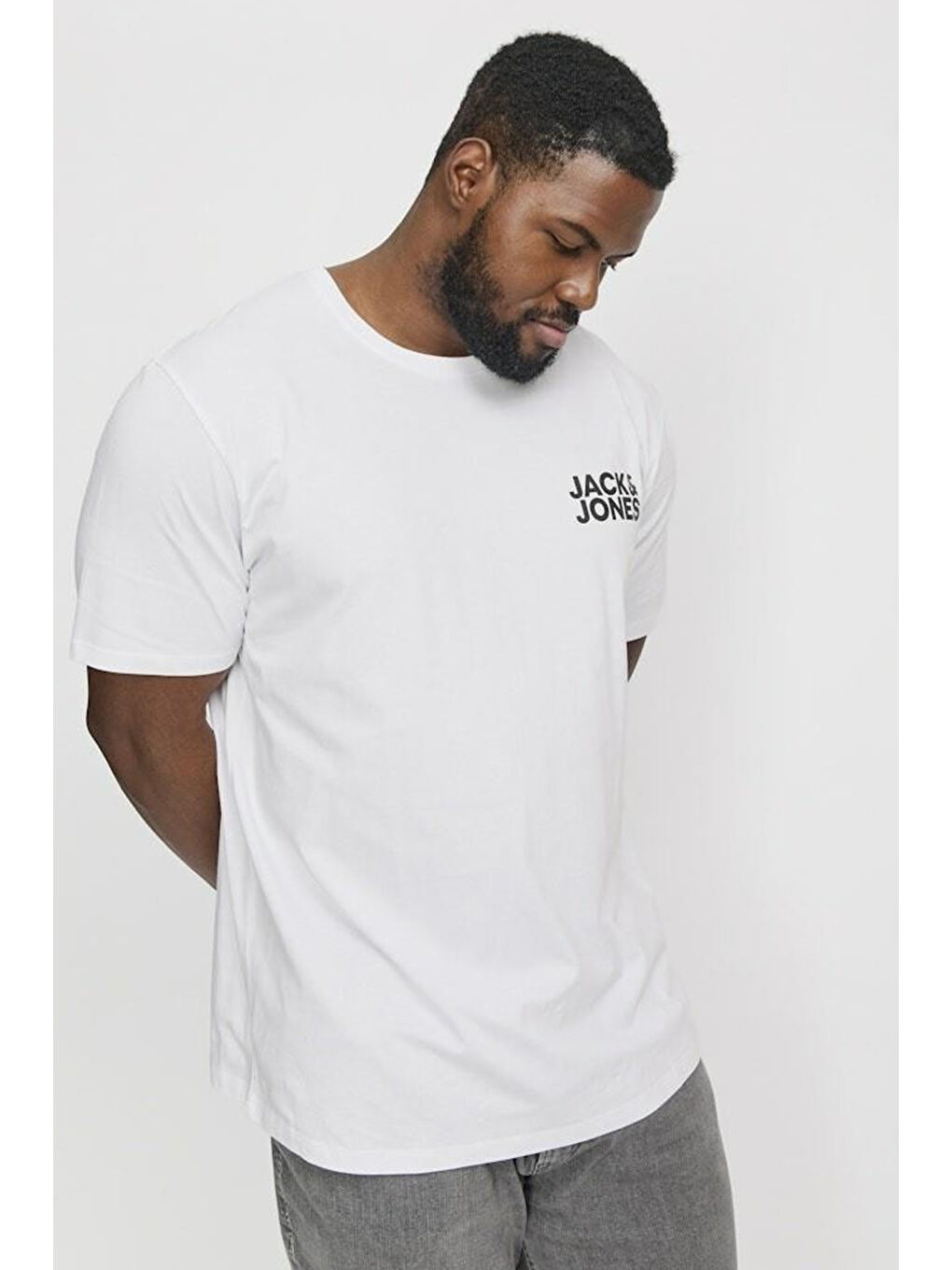 Beyaz Baskılı Büyük Beden Esnek ve Yumuşak Pamuklu Jjecorp Erkek T Shirt 12158505-1