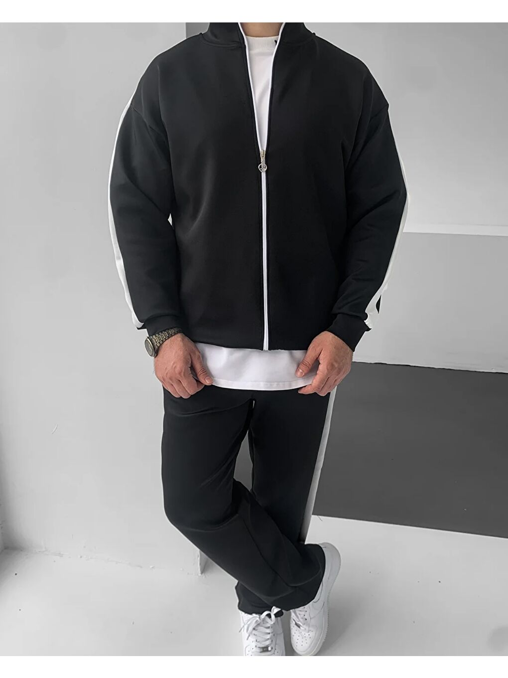 Erkek Çizgili Fermuarlı Sweatshirt Bol Eşofman Siyah İkili Takım-4