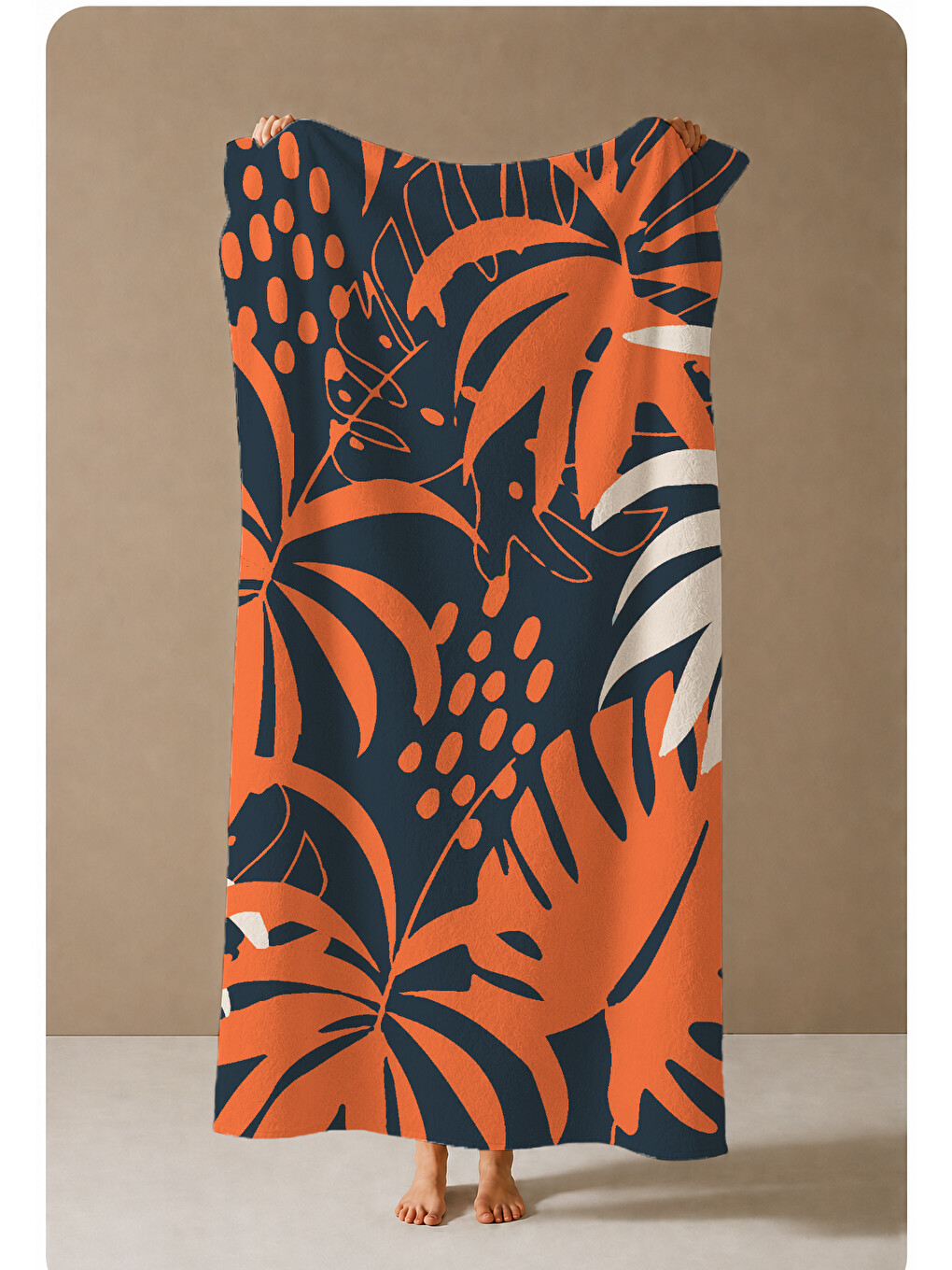 Lacivert Turuncu Tropikal Yaprak Desenli 70x150 Cm Dijital Baskılı Plaj Ve Banyo Havlusu-3