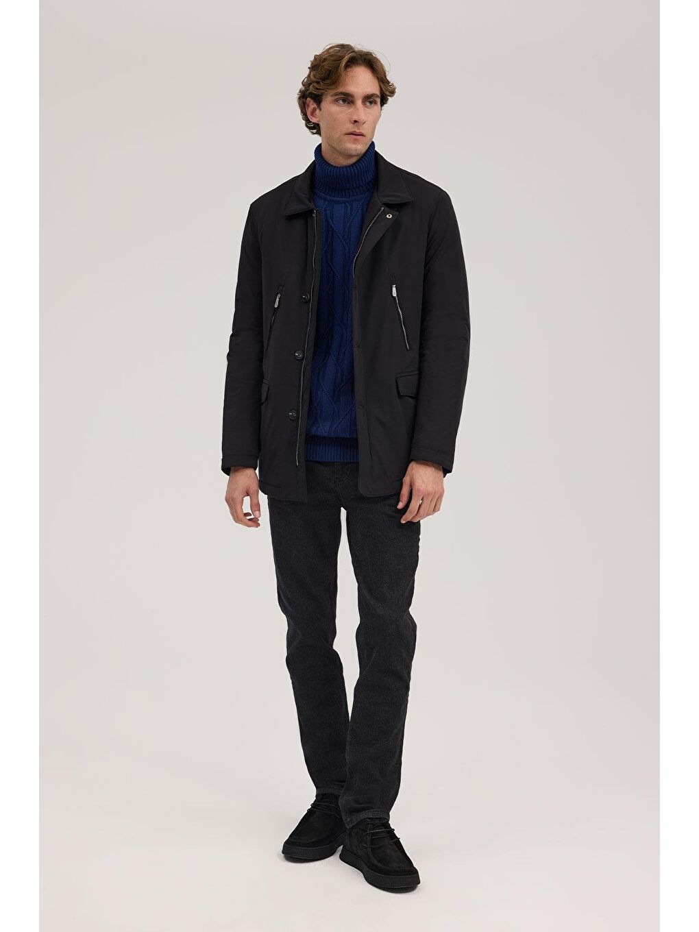 Siyah Comfort Fit Bebe Yaka Fermuarlı Mont-1