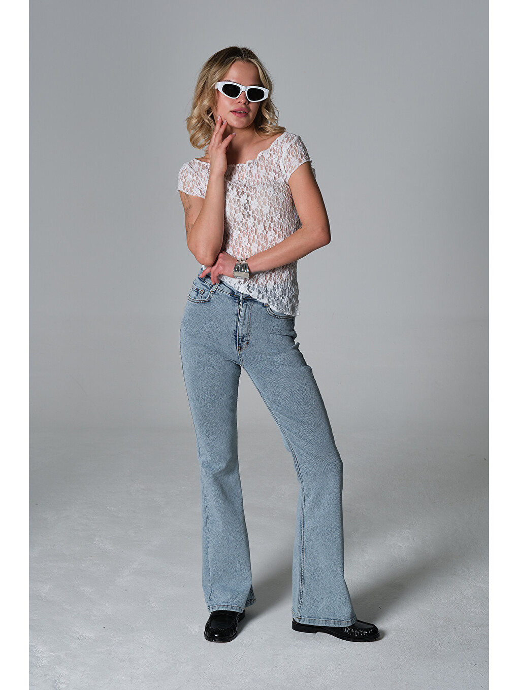Beyaz Normal bel kot, ispanyol paça esnek denim kumaş kadın fit and Flare jean pantolon @Morales-7