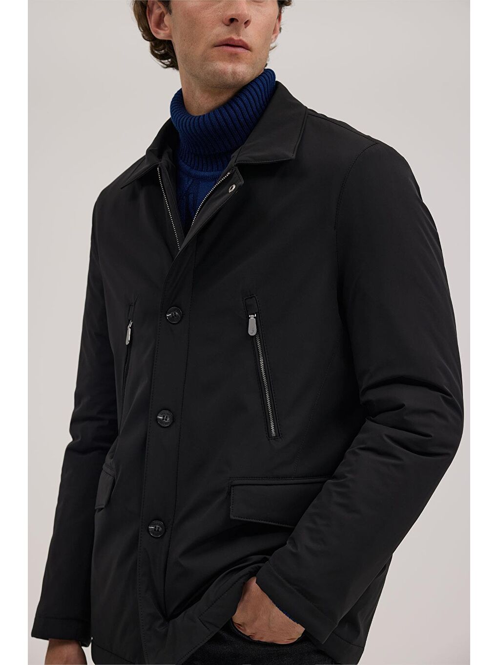 Siyah Comfort Fit Bebe Yaka Fermuarlı Mont-2