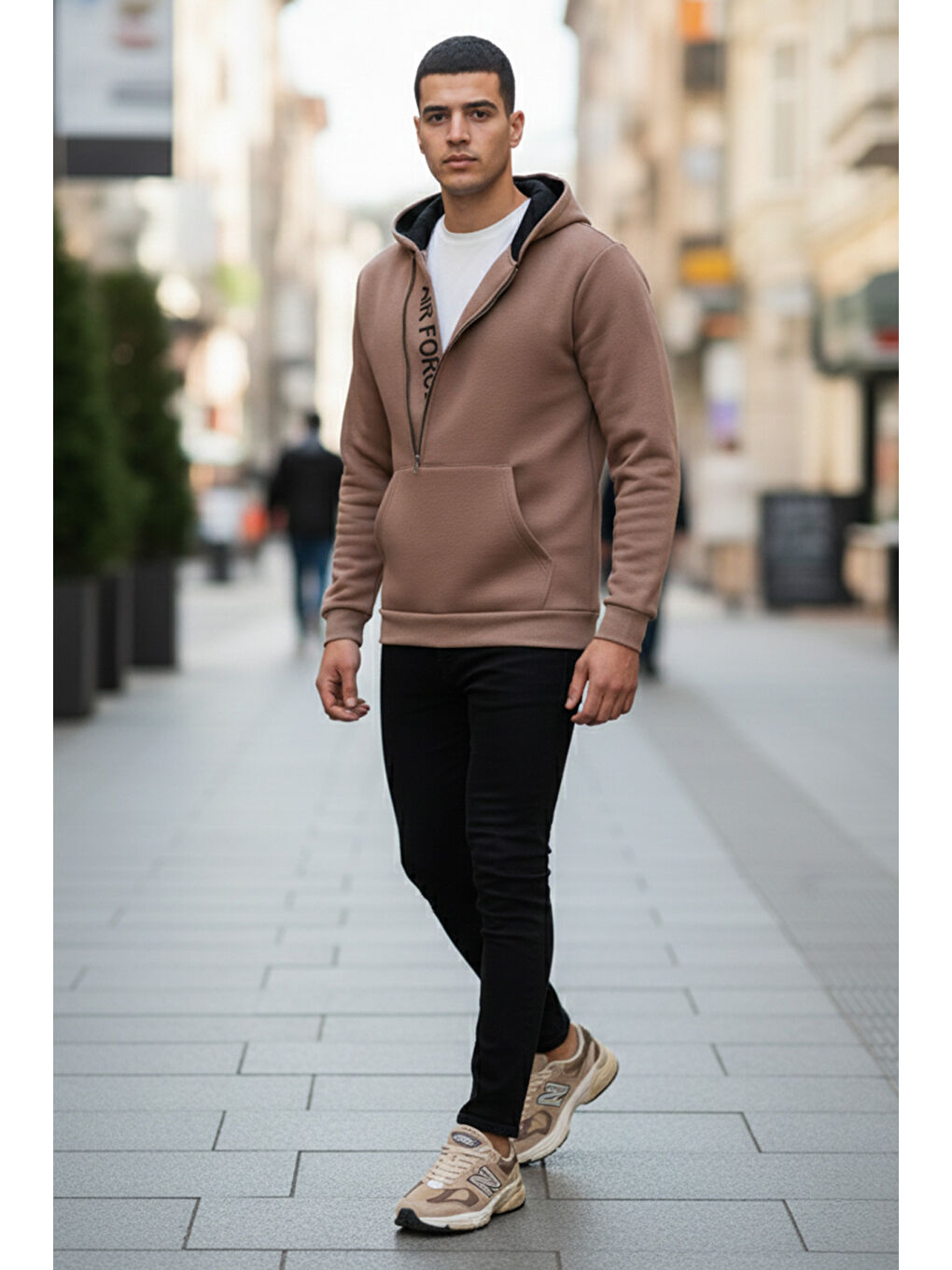 Kahverengi Kanguru Cepli Fermuarlı Kapüşon Yaka Slim Fit Erkek Sweat 575707-1