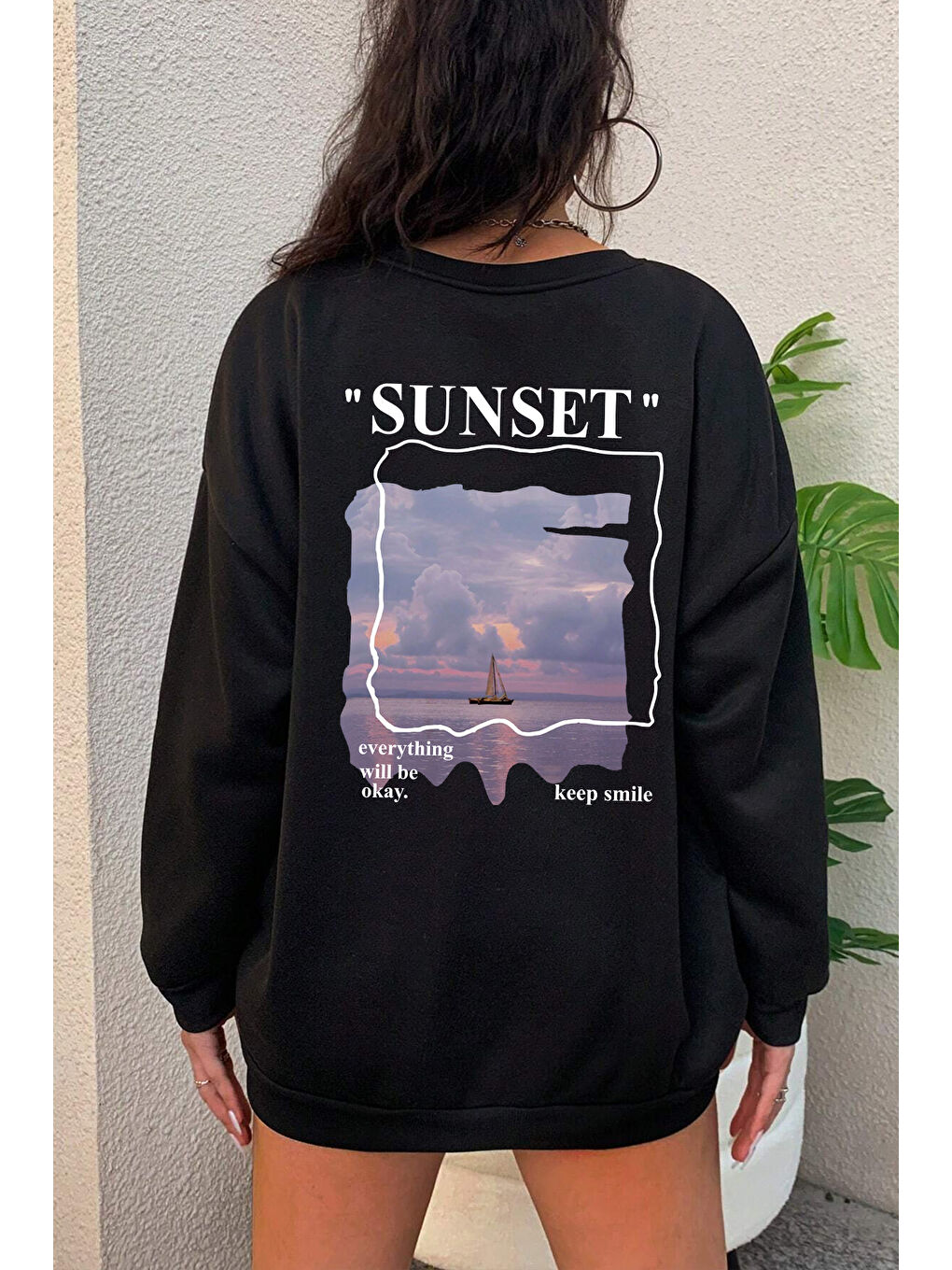 Siyah Unisex Sunset Baskılı Bisiklet Yaka Sweatshirt