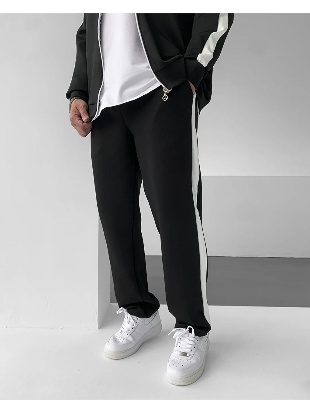 Erkek Çizgili Fermuarlı Sweatshirt Bol Eşofman Siyah İkili Takım-5