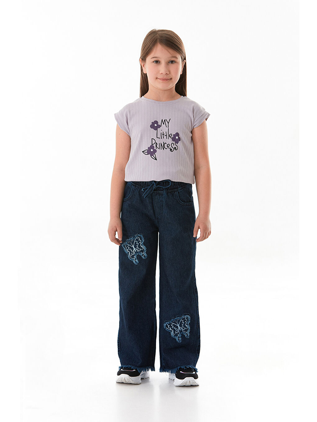 Mavi %100 Pamuk Kelebek Nakışlı Paçası Püsküllü Kız Çocuk Palazzo Pantolon