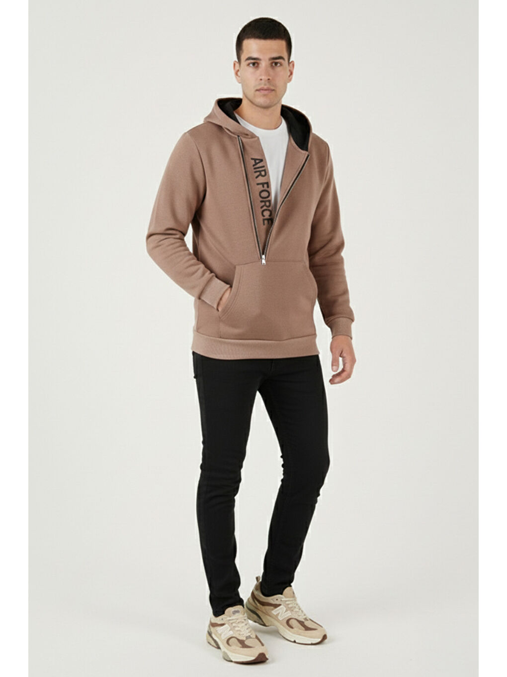 Kahverengi Kanguru Cepli Fermuarlı Kapüşon Yaka Slim Fit Erkek Sweat 575707-2