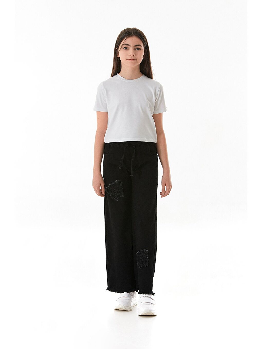 Siyah %100 Pamuk Kelebek Nakışlı Paçası Püsküllü Kız Çocuk Palazzo Pantolon