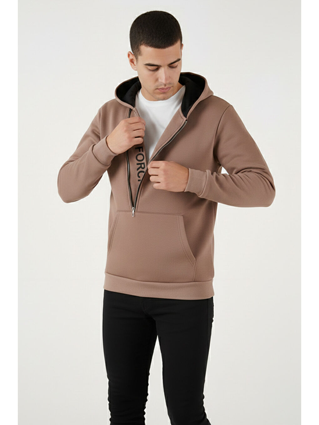 Kahverengi Kanguru Cepli Fermuarlı Kapüşon Yaka Slim Fit Erkek Sweat 575707-3
