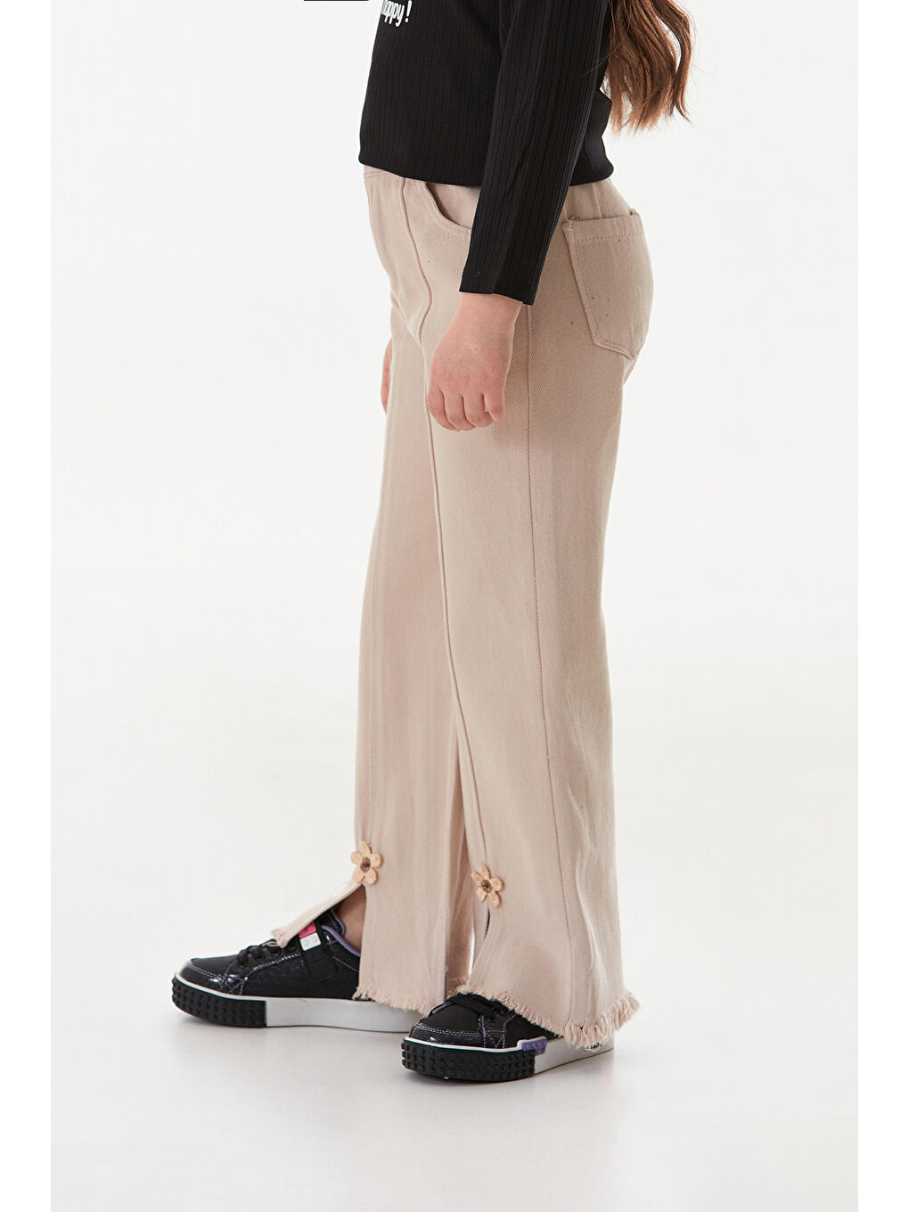 Bej Çiçek Nakışlı Paçası Püsküllü Kız Çocuk Pantolon-1