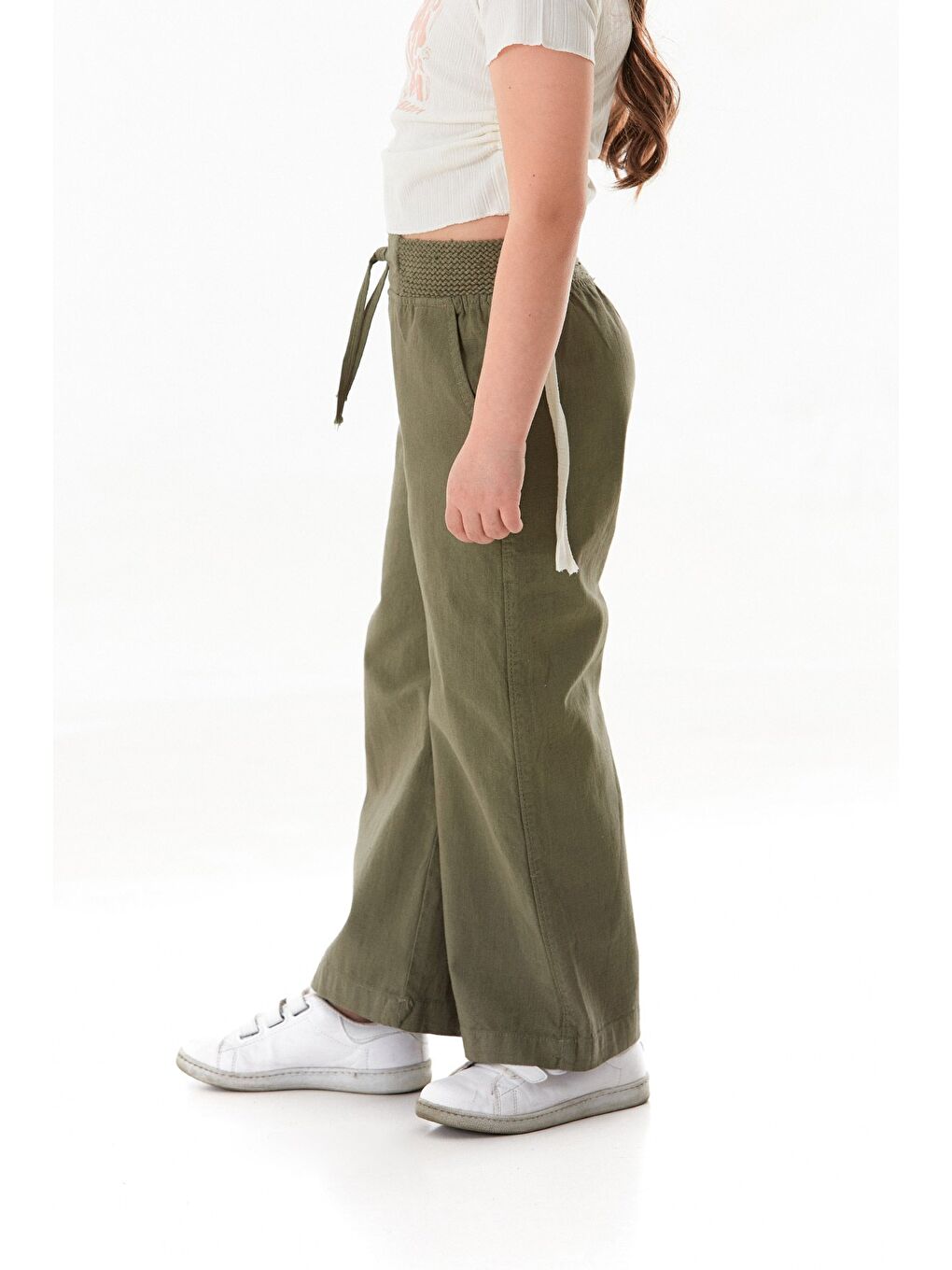 Haki Beli Lastikli Cepli Kız Çocuk Keten Pantolon-1