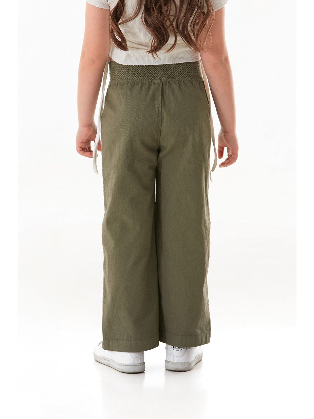 Haki Beli Lastikli Cepli Kız Çocuk Keten Pantolon-2