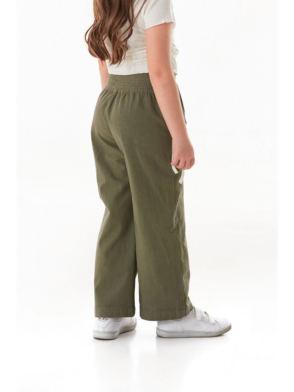 Haki Beli Lastikli Cepli Kız Çocuk Keten Pantolon-3