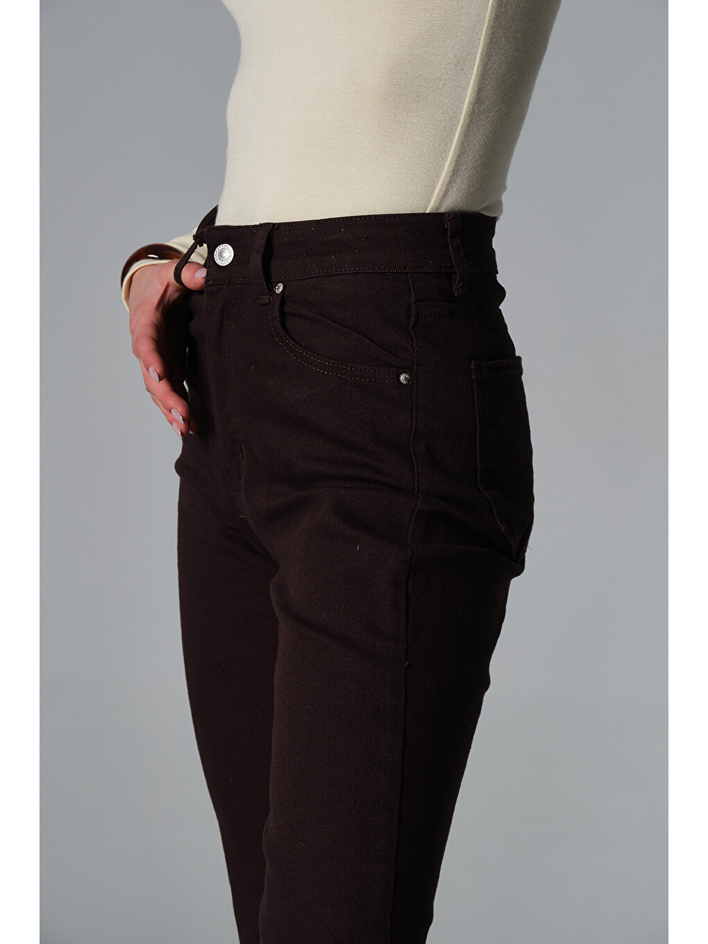 Kahverengi Normal bel kot, ispanyol paça esnek denim kumaş kadın fit and Flare jean pantolon @Morales-2