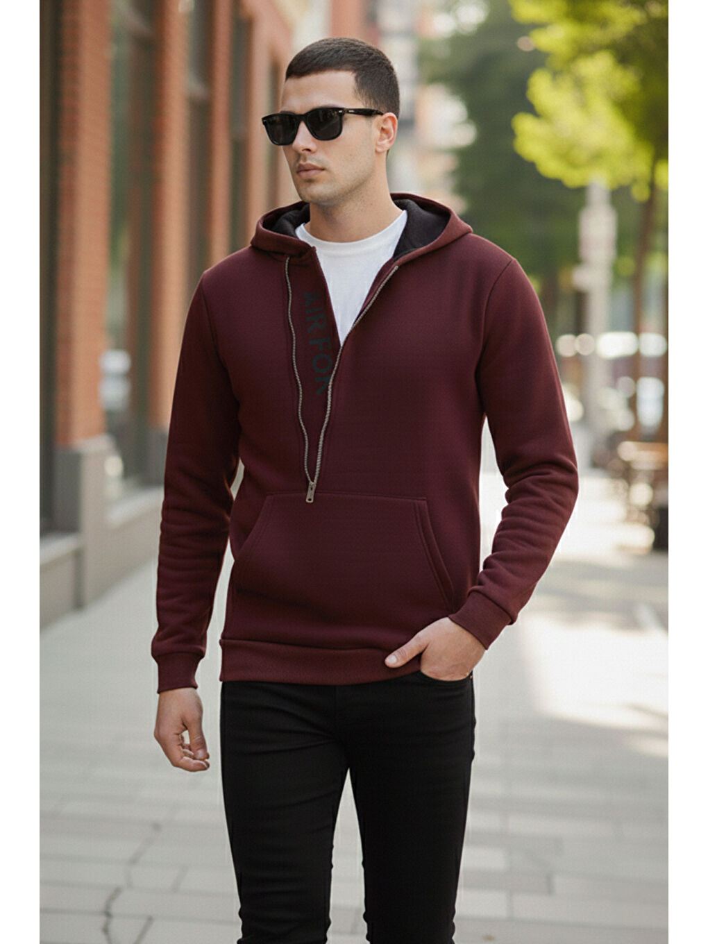 Bordo Kanguru Cepli Fermuarlı Kapüşon Yaka Slim Fit Erkek Sweat 575707