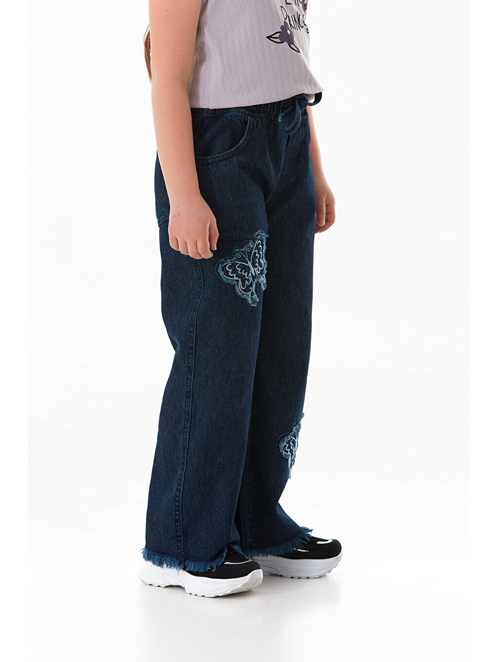 Mavi %100 Pamuk Kelebek Nakışlı Paçası Püsküllü Kız Çocuk Palazzo Pantolon-3