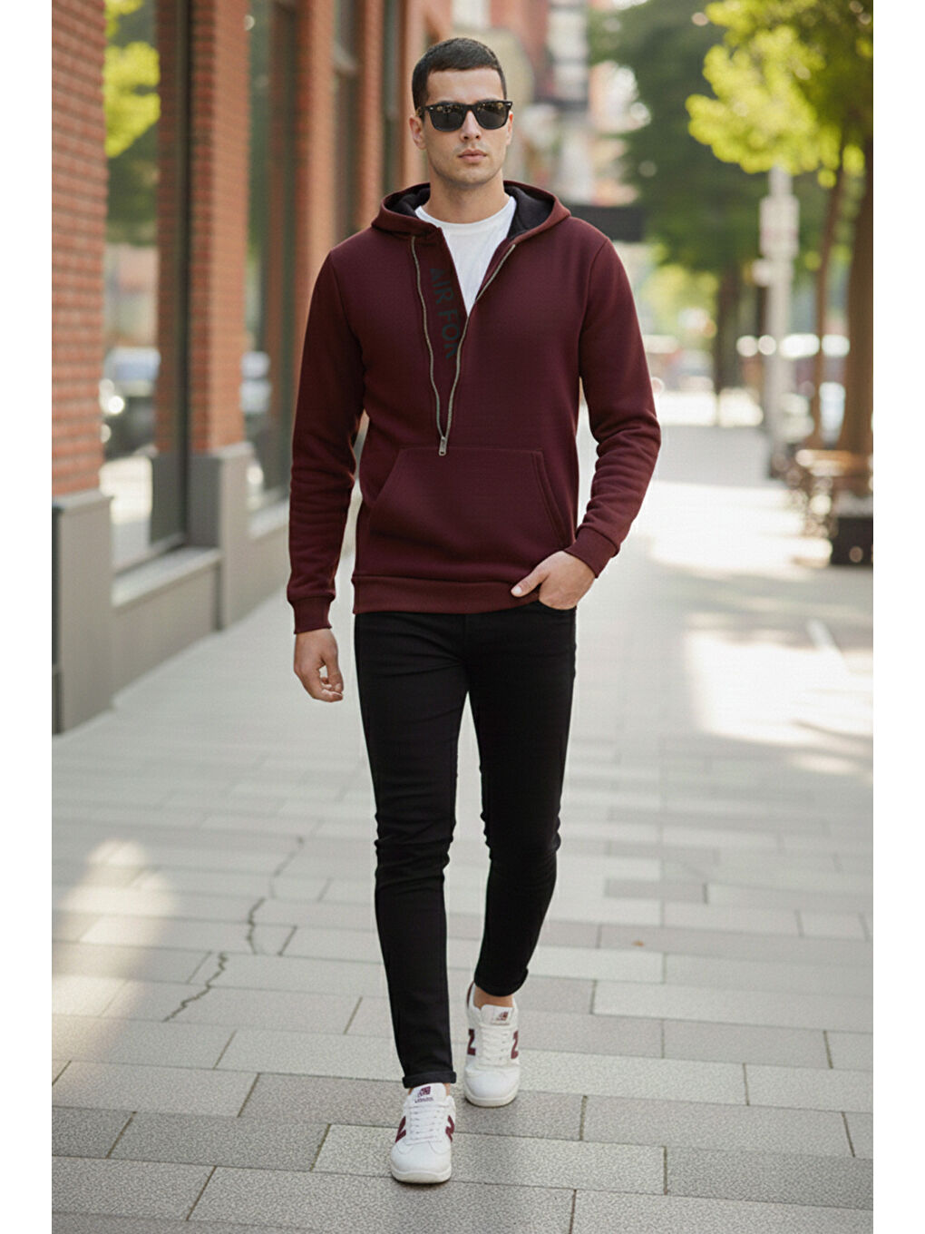 Bordo Kanguru Cepli Fermuarlı Kapüşon Yaka Slim Fit Erkek Sweat 575707-1