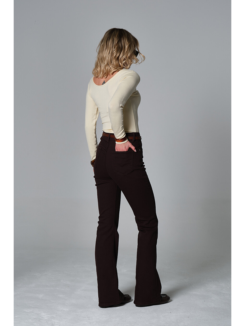 Kahverengi Normal bel kot, ispanyol paça esnek denim kumaş kadın fit and Flare jean pantolon @Morales-5