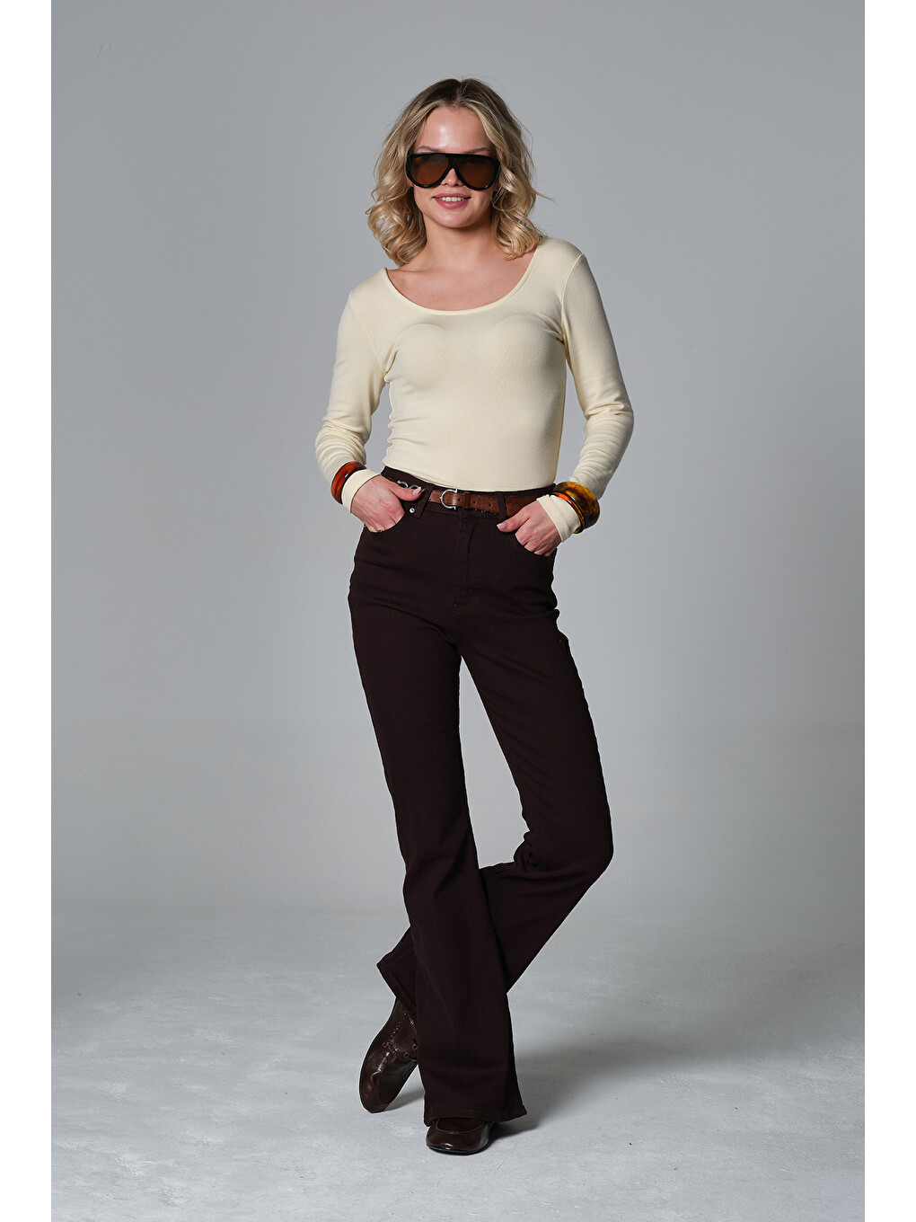 Kahverengi Normal bel kot, ispanyol paça esnek denim kumaş kadın fit and Flare jean pantolon @Morales-6