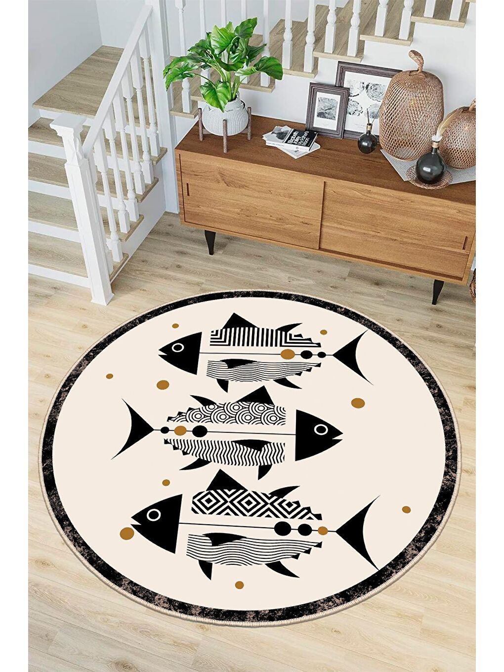 Siyah Dekoratif Özel Tasarım Modern Halısı 180x180 cm-1