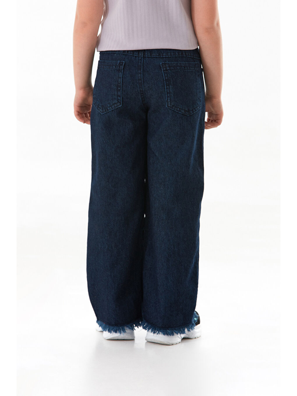 Mavi %100 Pamuk Kelebek Nakışlı Paçası Püsküllü Kız Çocuk Palazzo Pantolon-4